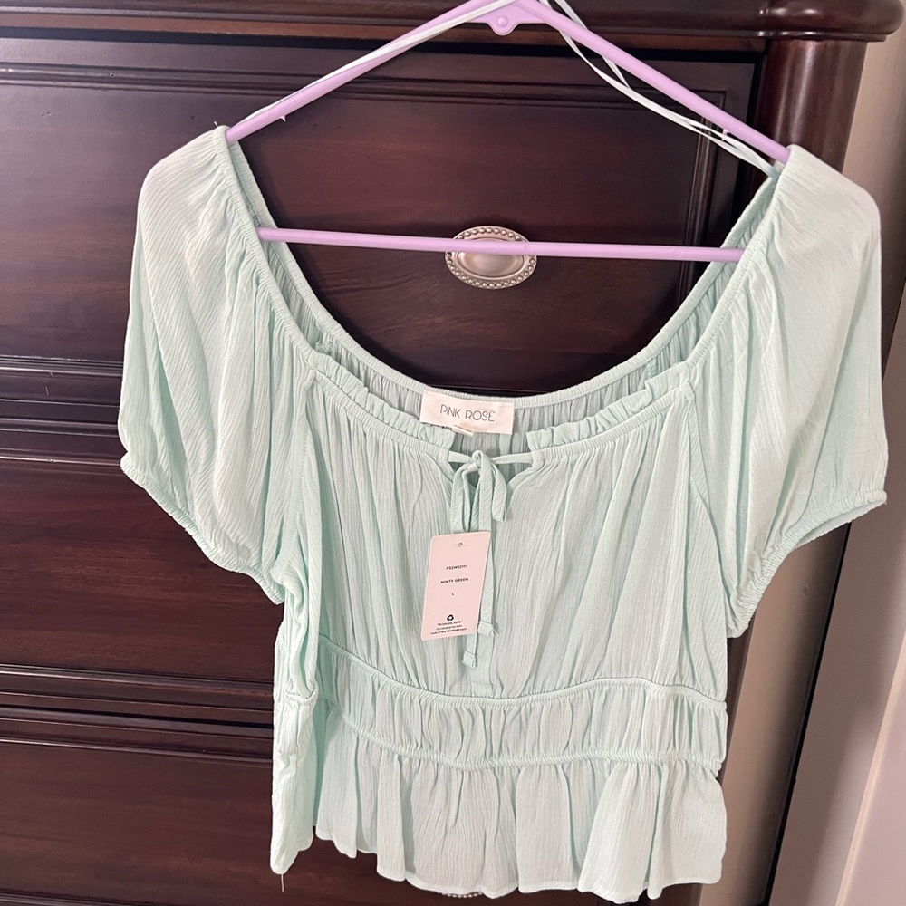 Pink Rose Green Smocked Tie Front Blouse